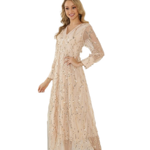 Women’s midi sequin evening gown dress size Medium cream gold sparkle